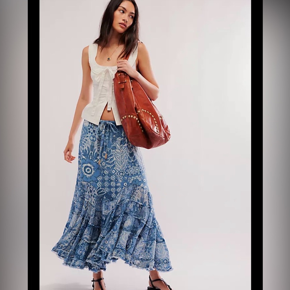 Free People Blue Floral A-Line Skirt Calista
